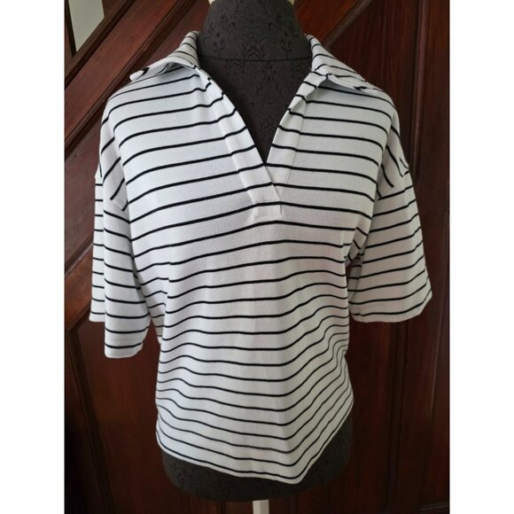 Jane & Delancey Striped Collared Short Sleeve Polo Shirt Medium White & Black - Picture 1 of 7
